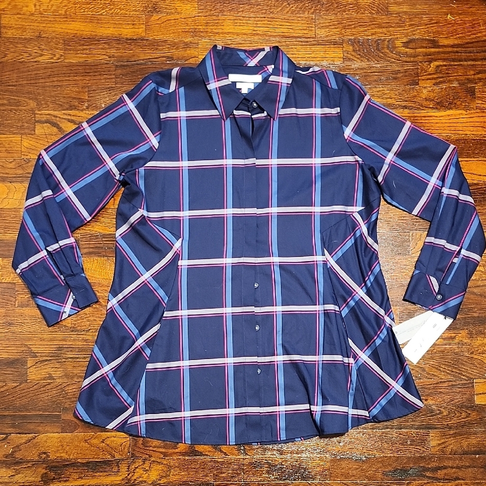 NWT Foxcroft Cici Weekend Blue and Red Plaid Button Down Tunic Shirt - Picture 3 of 8